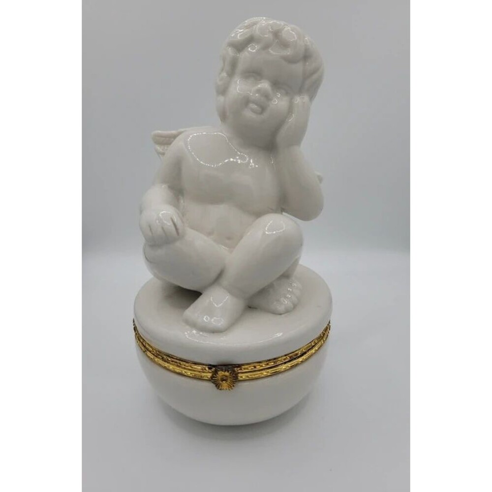 Large Vintage 2000 y2k Angel Cherub trinket box 6.5x4 in